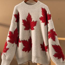Chandails pour femmes motif feuille d'érable panneau col rond tricoté pull ample pull décontracté haut 230824