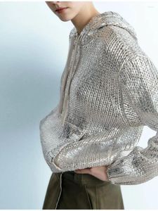 Suéteres para mujer Suéter con capucha con ribete de costilla metálica Tops Moda para mujer Jersey de punto de manga larga 2024 Otoño Oficina Damas High Street