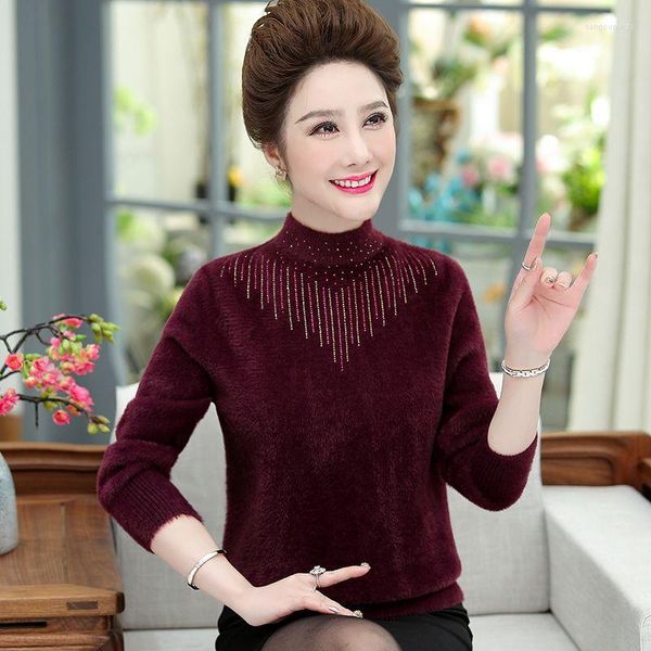 Pulls pour femmes d'âge moyen et âgés automne hiver à manches longues col rond pull chaud bas chemise coréenne mode pull tricots L29