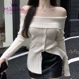 Pulls pour femmes Mikumn Femmes Automne Pull tricoté Mode coréenne Slash Cou Encolure à manches longues Jumper Sexy Slim Single Breasted Knitwear 230831