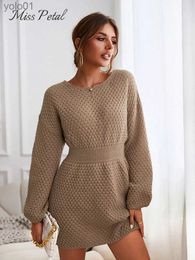 Pulls pour femmes Miss Petal Comb Knit Brown Pull Robe Femme Casual Long Sle Longue Robe Pull 2023 Automne Hiver Pulls Vêtements d'extérieur L231122