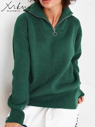 Pulls pour femmes MiukoMiYa Green Femmes Hiver 2024 avec fermeture à glissière Pulls en tricot en vrac Pull surdimensionné