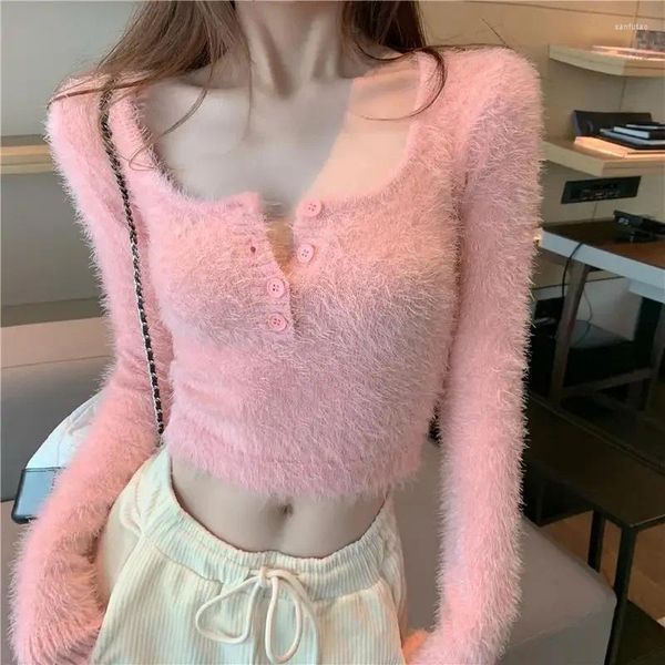 Pulls pour femmes Mohair Chemise tricotée Y2K Rose Doux Crop Top Doux Bodycon Filles Pull Bas Col Rond Sexy Gaine Pull N608