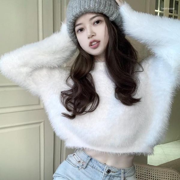 Suéteres para mujer Mohair Plush Recortado Suéter Mujeres 2023 Otoño Suave Manga larga Outwear Jersey Coreano Ins Sólido Femenino All Match Prendas de punto