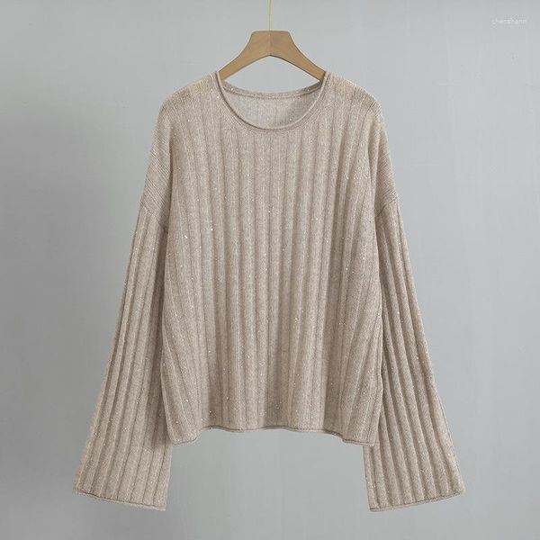 Suéteres de mujer Naizaiga 100 Cashmere O-cuello a rayas Beige Blanco Gris Púrpura Negro Suelto Manga ancha Mujer Jerseys Suéter KYSM24