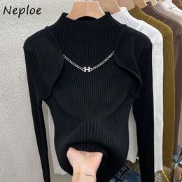 Suéteres de Mujer Neploe 2023 otoño cadenas de cuello medio alto Mujer Slim Fit Bottoming Tops mujeres Y2k Jersey de punto de manga larga