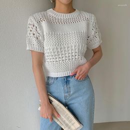 Suéteres de mujer Neploe 2023 Moda de verano Ropa kawaii ahuecada Elegante suéter de manga corta de punto O-cuello All-match Slim-fit Short