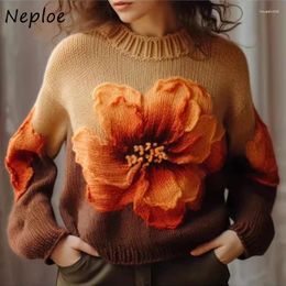 Suéteres de Mujer Neploe estilo chino suéter de punto Mujer 2024 otoño marrón flores jerseys Y2k manga larga Tops de gran tamaño Mujer