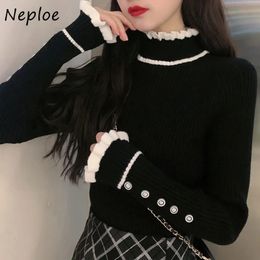 Suéteres para mujer Neploe Jersey Mujer Vintage Pull Femme Stand Neck Hongo Borde Contraste Color Patchwork Jumpers Manga larga Chic Botones Suéter 231027