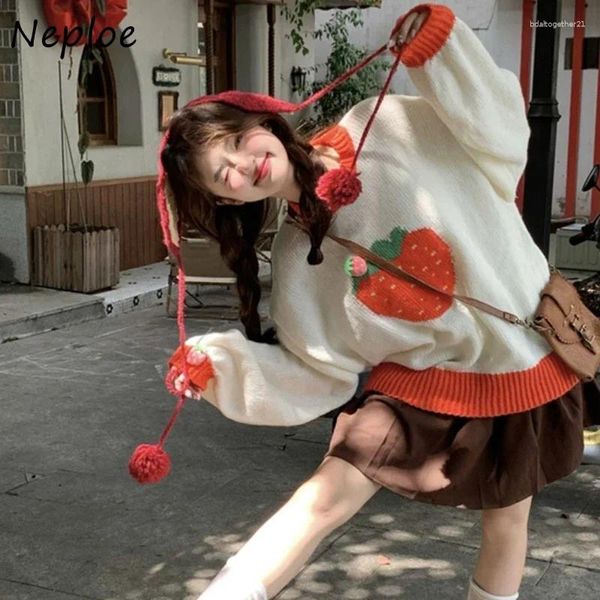 Chandails pour femmes Neploe coréen doux 3D fraise 2024 automne col rond pulls en vrac Y2k e-fille à manches longues hauts tricotés femmes