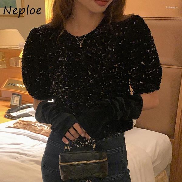 Pulls pour femmes Neploe Coréen Vintage O-Cou Sequin 2023 Automne All-Match Tops Femmes Y2K Manches bouffantes Noir Pulls Mujer