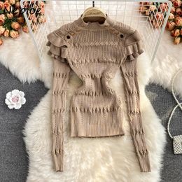 Suéteres de Mujer Neploe Stand Neck Color sólido suéteres de manga larga Vintage Jersey Mujer Pull Femme Hollow Out volantes Patchwork Jumpers 231027