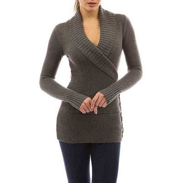 Suéteres de mujeres New Autumn Women Casual manga larga envoltura Vhals Sweater Slim Sweater Solace Botón de invierno para mujeres Top J220915
