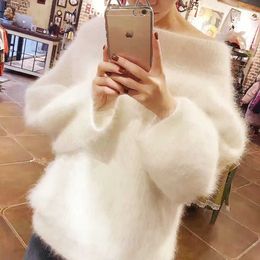 Chandails pour femmes Nouvelles femmes coréennes sexy épaule douce vison cachemire pull automne hiver épais mohair tricoté lâche slash cou blanc pull zln231117