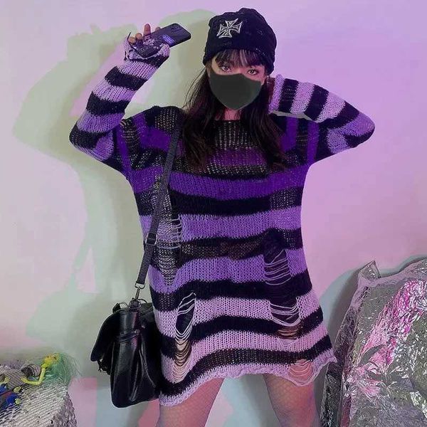 Suéteres de mujer Nuevos suéteres góticos a rayas moradas para mujer, jersey de punto suelto con agujeros rasgados, jerséis grunge de hadas deshilachados, ropa de calle Emo Lolita