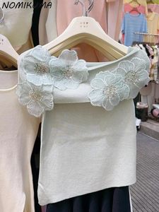 Dames truien nomikuma 2024 Franse elegante top veelzijdige off -schouder chic geborduurde bloem kraal gebreide shirt
