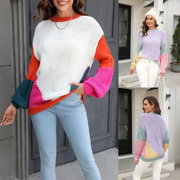 Pulls pour femmes O-Cou Crochet Pull tricoté Femmes Colorblock Fur Jumper Y2K Top E-Girl Pull Printemps Automne Hiver Sueter Work Tops