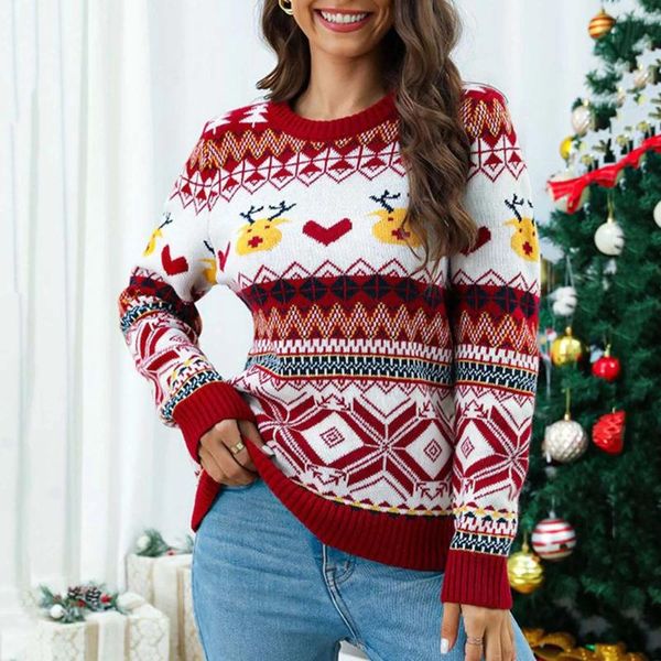Pulls pour femmes O-Cou Knitwears Femmes Noël Automne et hiver Pull Flocon de neige Elk Color Block Pull Tops