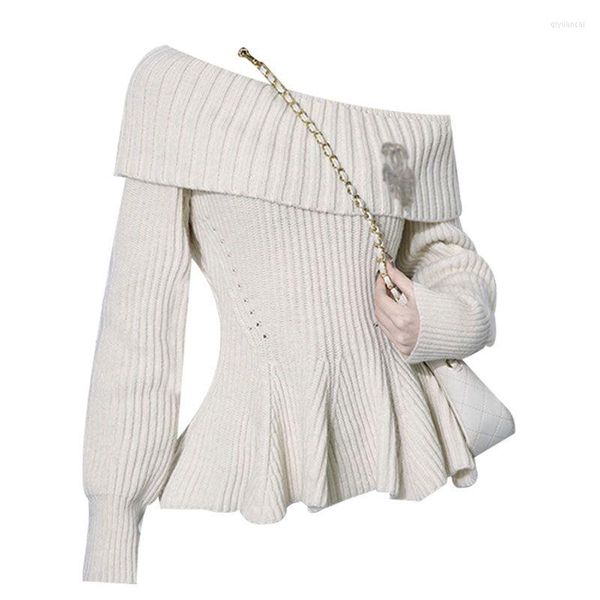 Suéteres de Mujer hombro oblicuo clavícula expuesta borde de hoja de loto suéter de lana blanco para Mujer 2023 Mujer
