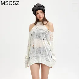 Pulls pour femmes à l'épaule surdimensionnée pull femme évider tricoté à manches longues blouse top y2k streetwear sexy voir à travers des tricots