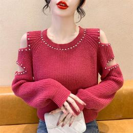 Pulls pour femmes hors épaule haut automne et hiver pull vêtements sexy tenue en tricot Rose rouge surdimensionné