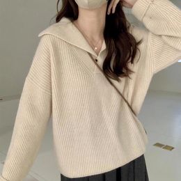 Chandails pour femmes Ohryiyie coréen col rabattu pull femmes 2023 automne hiver manches longues pull en tricot femme couleur unie pull