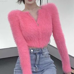 Pulls pour femmes OL Mode coréenne Zipper Fluffy Cardigan Femme Automne O Cou À Manches Longues Bureau Chandail Femmes Doux Top Court Dropshipping L230718