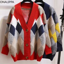 Damessweaters Onalippa Slouchy stijl contrasterend geruit gebreid vest V-hals enkele rij knopen halflange vesten Koreaanse all-match trui 230918