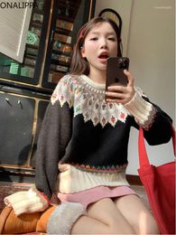 Damessweaters Onalippa Vintage contrasterende jacquard trui Contrasterende all-match los Koreaans modieus chic design gebreide trui