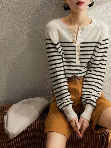 Pulls pour femmes une pièce pull de Style coréen dames automne français rétro tricot noir blanc contraste couleur rayé pull à manches longues