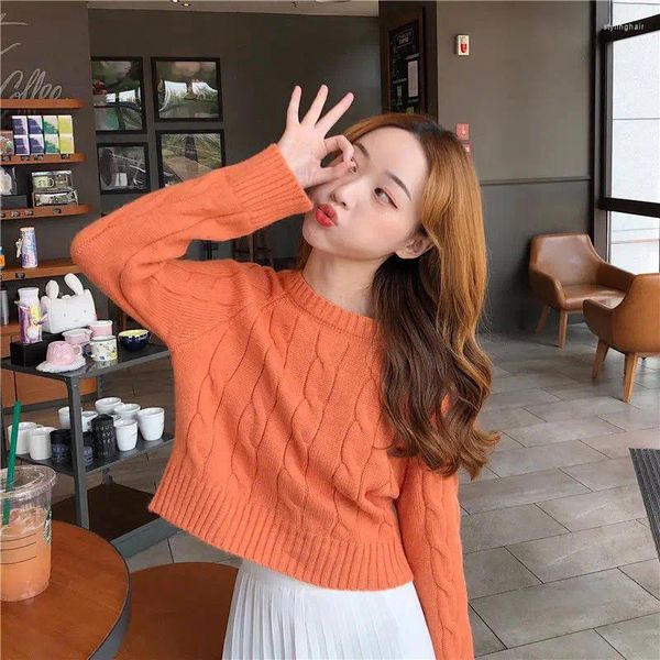 Suéteres de mujer naranja otoño mujer primavera coreano cuello redondo suéter cintura alta Top Femme Chandails Pull Hiver abrigo jersey de tela