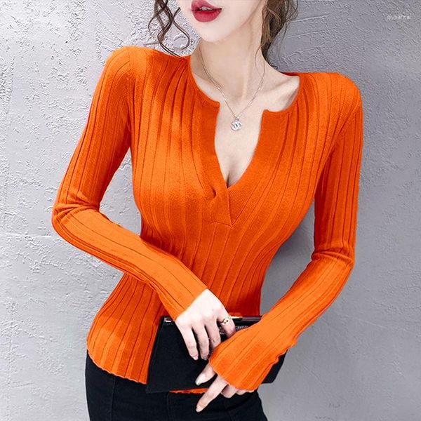 Suéteres de mujer naranja brillante Sexy Oficina señora chaleco pulóver bajo cuello en V suéter camiseta mujer chica tirar camisa de tela superior delgada