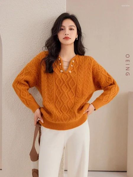 Pulls pour femmes Orange V-Col Pull Femmes Tops Automne Hiver Élégant Chic Lâche Manches Longues Pulls Tricotés Casual Tricots Femme