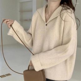 Damestruien OUSLEE Autumn Winter Sweater Casual lange mouw Turn Down Collar Pullover Office Ladies Losse gebreide tops