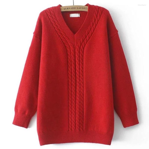 Suéteres de mujer de gran tamaño negro rojo con cuello en V suéter de punto Otoño Invierno 2023 suéter de punto suelto sólido Casual Mujer
