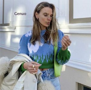 Suéteres de mujer, jerséis de gran tamaño para mujer, suéter de punto con estampado de nubes, manga larga, ropa de calle azul cielo para mujer de otoño