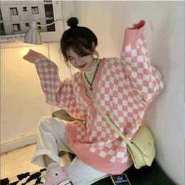 Pulls pour femmes surdimensionné gilet femmes pull échiquier coréen simple boutonnage tricoté vêtements lâche pull à carreaux décontracté mode pull nouveau J220915