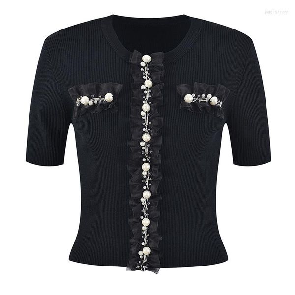 Chandails pour femmes perles perles diamants à manches courtes pull femmes col rond blanc noir tricoté hauts pullover 2023 été