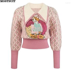 Pulls pour femmes Pull brodé de dessin animé rose Pull Femme Vintage Élégant Élégant Dames Tops Automne Hiver Mode à manches longues