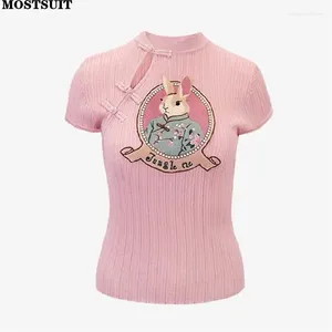 Dames truien roze borduurwerk trui dames gebreide pullover tops 2024 zomerknoppen korte mouw vintage stijlvolle chique dames