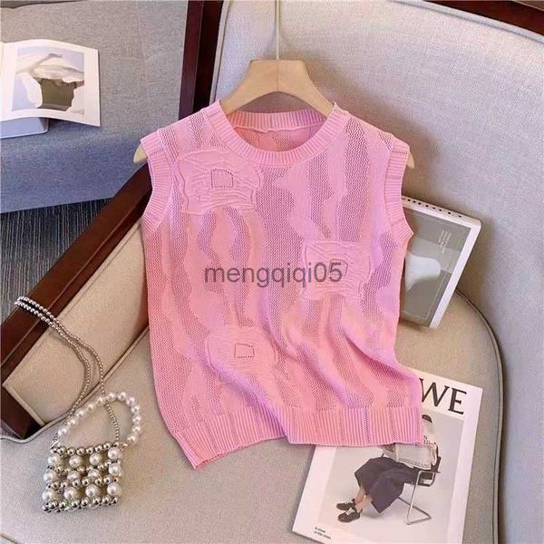 Suéteres de mujer Pink Hollow Out Knit Tops Mujeres Sin mangas Suéter Chaleco Casual Verano Crochet Short Knitwear Tee Ropa sexy Crop T Shirt H219 HKD230831