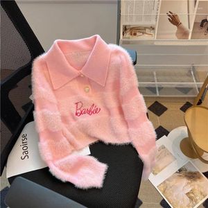 Suéteres de mujer Cuello de polo a rayas rosadas Camisas cortas de visón de imitación de punto para mujeres Y2k Suéter de punto dulce de manga larga Top suelto