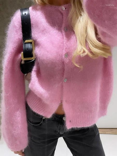 Suéteres de mujer Pink Sweet Mohair Suéter de punto para mujer O-cuello Manga larga Cárdigan de un solo pecho 2024 Chic Spring Lady Elegant