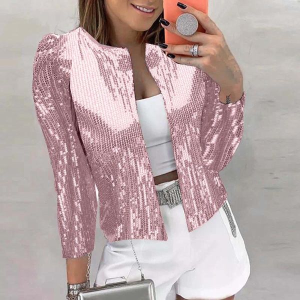Suéteres de mujer Chaquetas de lentejuelas de moda rosa Color sólido Mangas largas Cremallera completa Cardigan Abrigos Moda Elegante Fiesta Tops Otoño