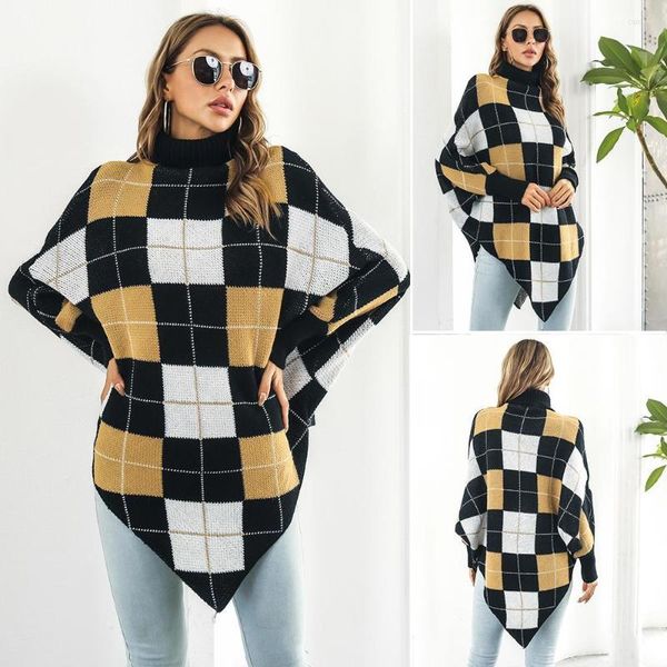 Pulls pour femmes Plaid Jacquard Cape Sweater Jacket Femme Mi-long Col Haut Manches Chauve-Souris Top 3640 #