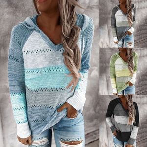 Chandails pour femmes, plus la taille 5XL automne hiver pull mode patchwork à manches longues pull en tricot haut crochet creux à capuche 230918