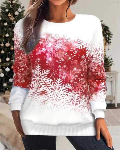 Pulls pour femmes, grande taille, sweat-shirt décontracté de noël, bloc de couleurs, imprimé flocon de neige et carreaux, manches longues, col rond, pull micro extensible