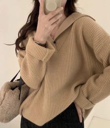 Suéter feminino gola polo suéter de malha pulôver 2024 outono/inverno feminino com decote em v design sentir pequeno solto encaixe preguiçoso top moda casual