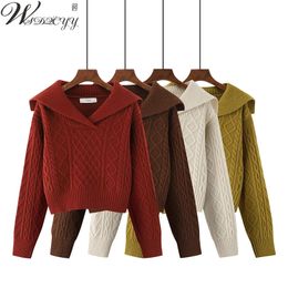 Damestruien Pull court avec col claudine solide pour femmes pull rouge style coreen manches longues tricots haut pull automne hiver S-XL 231205