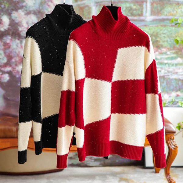 Suéteres para mujer Jersey de cuello alto Lentejuelas rojas Lana Suéter suelto Mujer Otoño e invierno 2023 Commuter Cien personalidad Tops